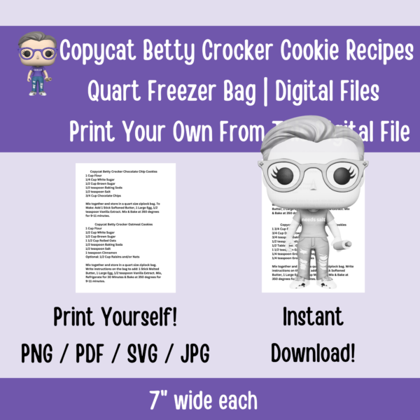 Copycat Betty Crocker Cookie Recipes Quart Freezer Bag | Digital Files